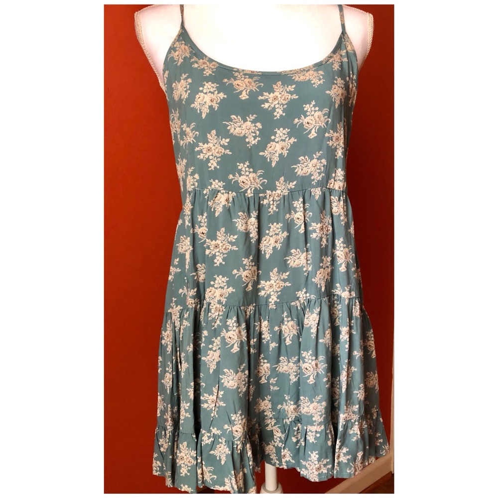 TEAL TUNIC/DRESS, TAN FLORAL PRINT, SIZE M